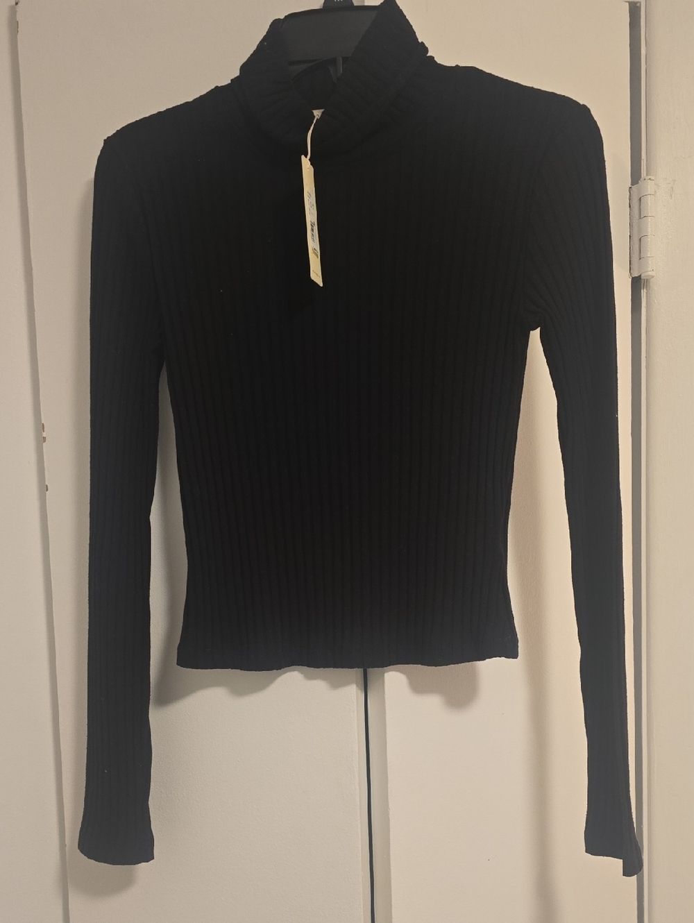 Black Ribbed Long-Sleeve Mock Neck Top